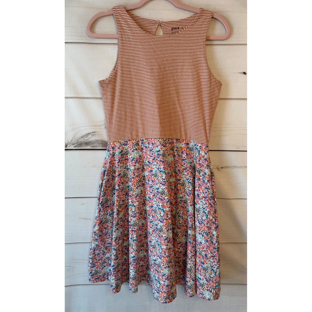 Pact Organic Cotton Striped Floral Mixed Print Fit and Flare Dress Medium